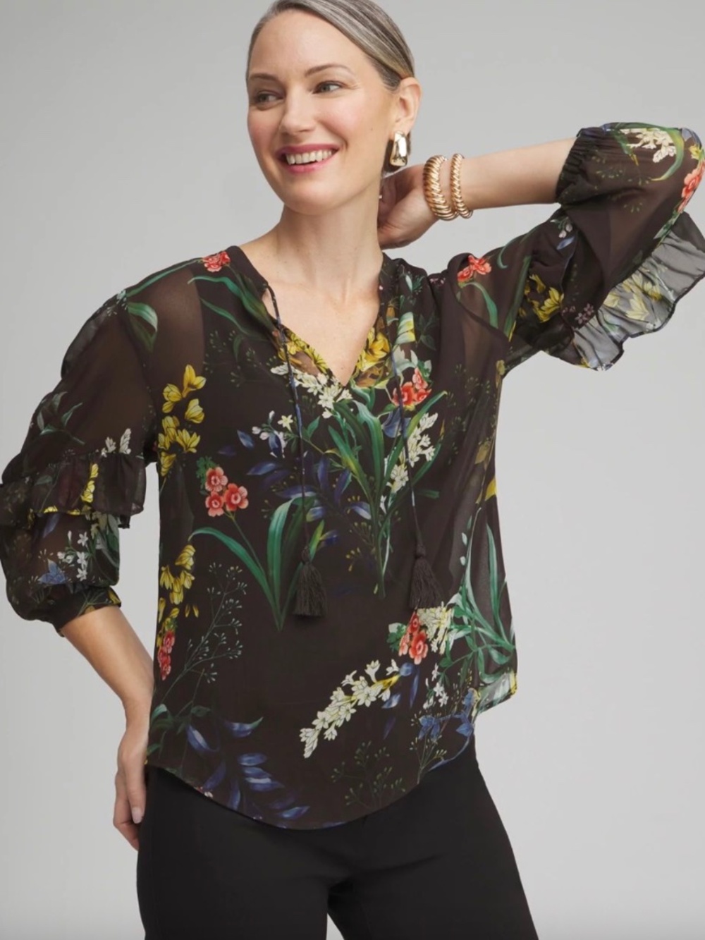 Chico’s Chiffon Floral Ruffle Sleeve Blouse, Size 18 (Chico's 3.5)